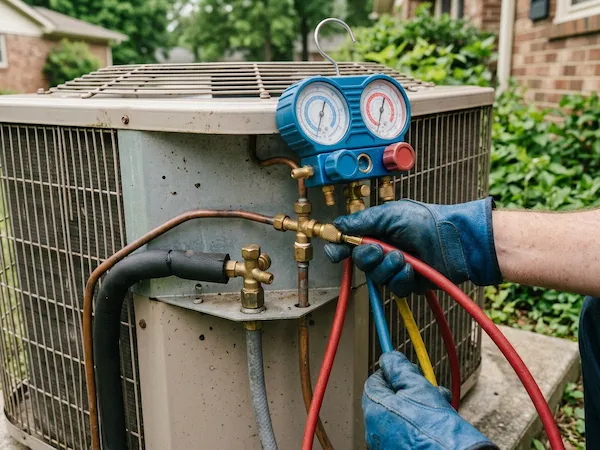 Technician connecting pressure gauges to an AC condenser