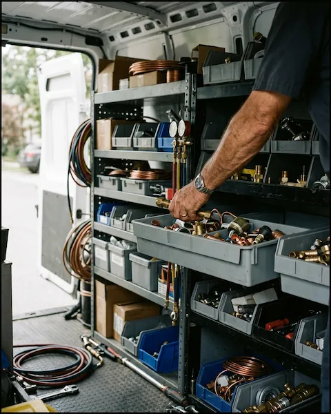 Neatly organized parts and tools inside a Hawthorne service van