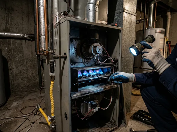 Technician inspecting the burners of a gas furnace