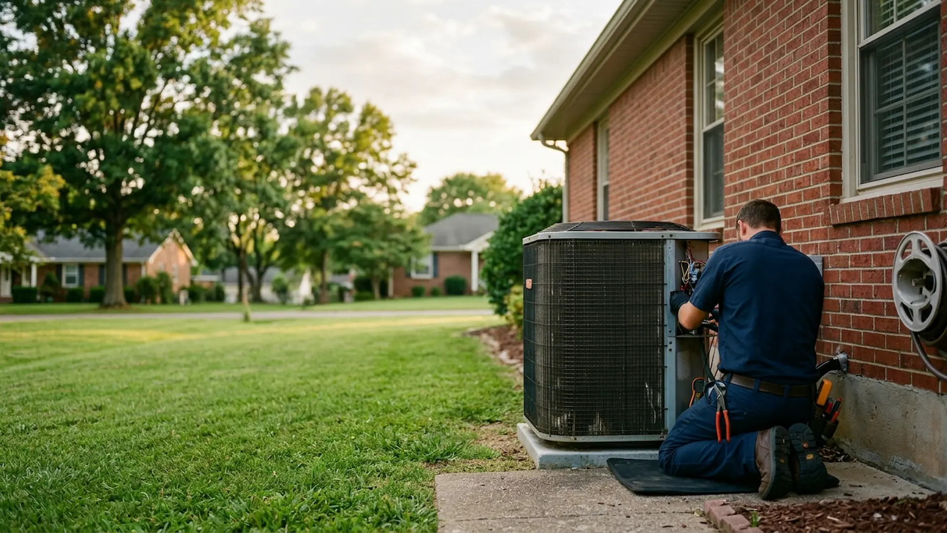 Hawthorne technician checking an outdoor AC unit beside a brick home in Nashville